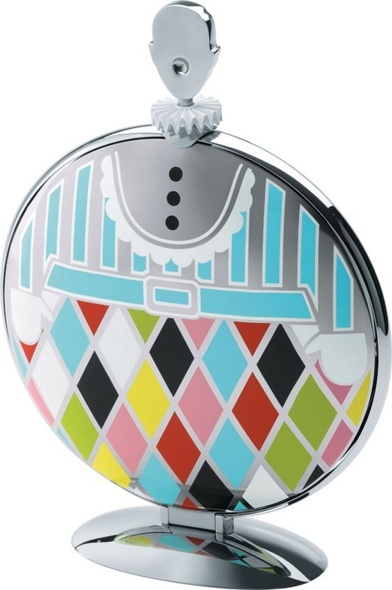 Alessi Fatman Etagere: Faltbare, runde Etagere mit Harlekin-Muster und Figur als Griff.